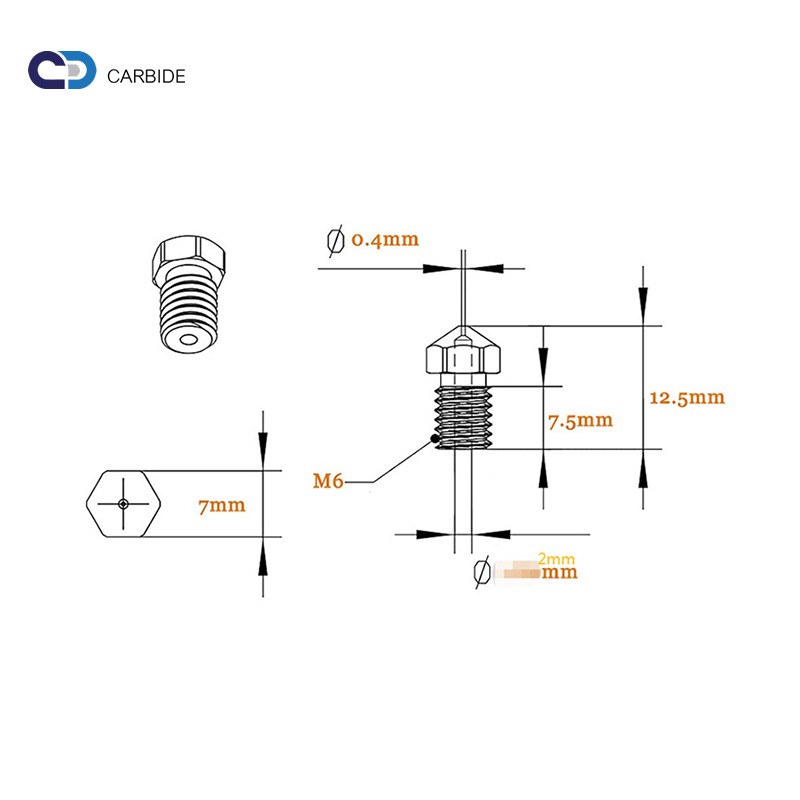 M6 M8 0.2 0.4 0.6 0.8mm Tungsten Carbide Nozzle for 3D printing machine 